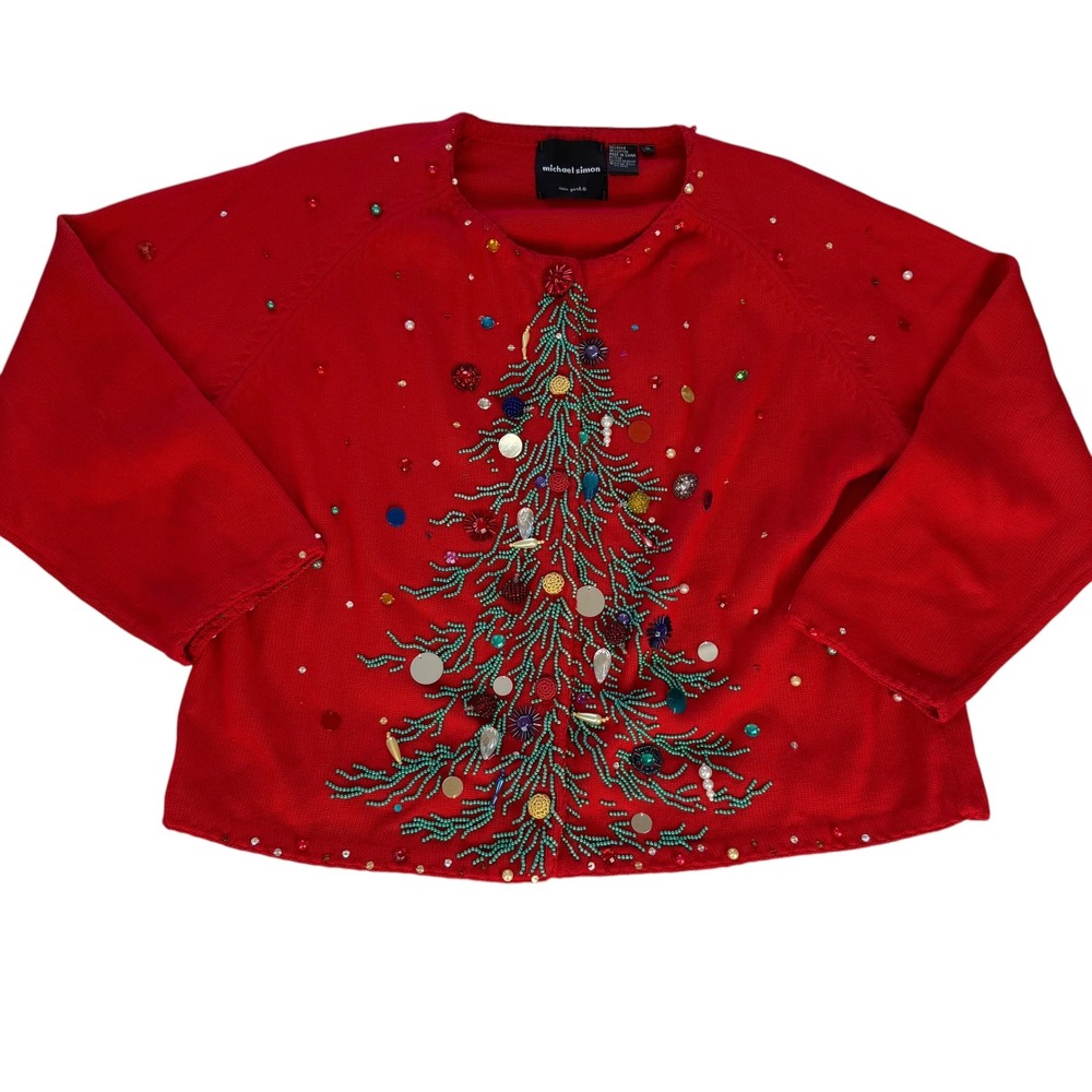 Michael Simon Vintage 2000 Christmas Tree Beaded Cardigan Red Plus Size 1X XL